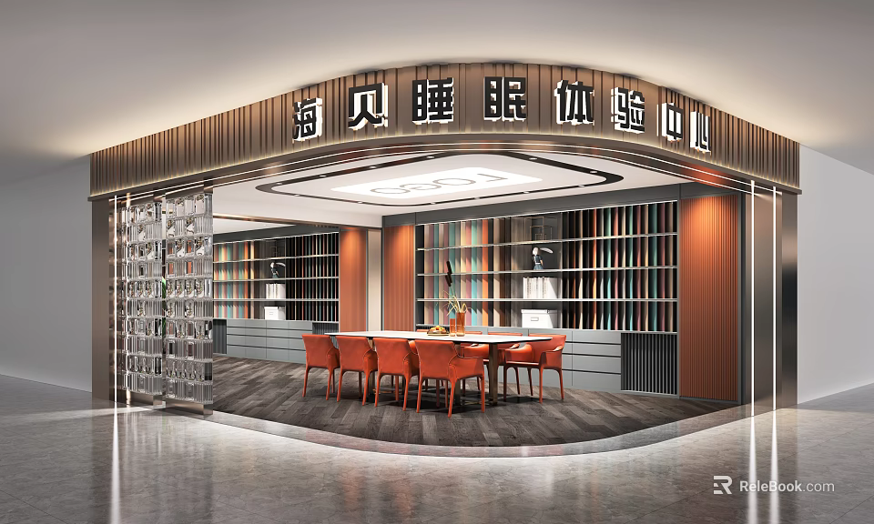 Modern Sleep Experience Store Interior With Bookshelves Orange Chairs And Table 3d model