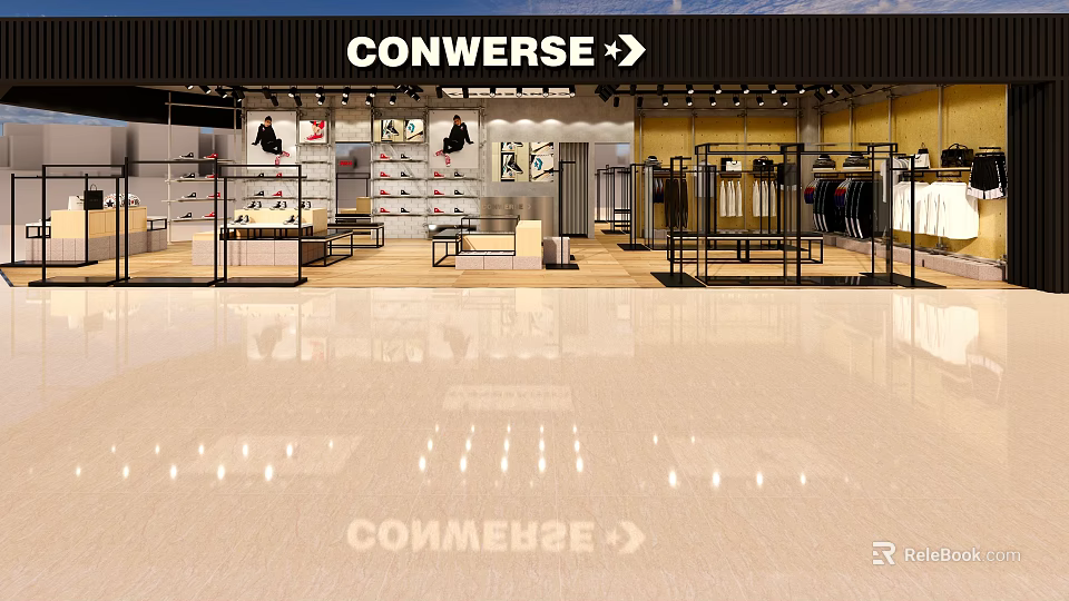 Converse Clothing Store Interior With Shoe Displays And Apparel Racks 3d model 