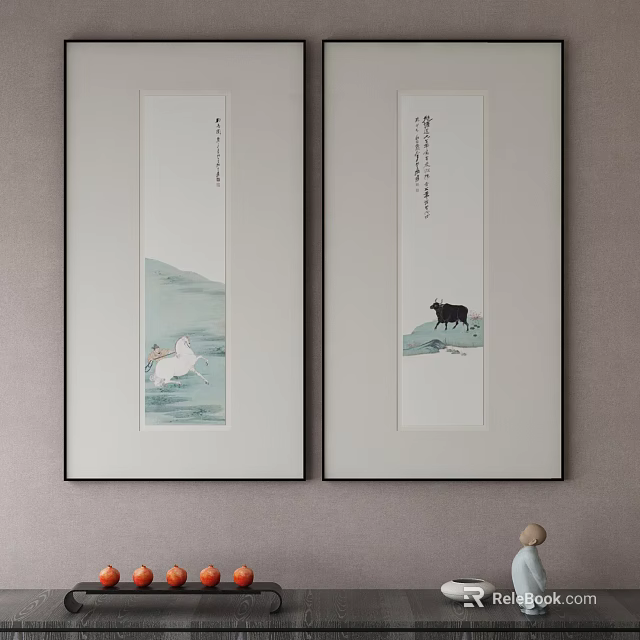 Abstract Paintings Wall Art Hanging With Natural Scenery Black Frames And Light Background 3d model 