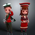 Cartoon Boy And Girl Characters In Red Uniforms With Green Brown Hats And Outfits