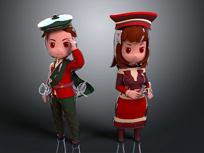 Cartoon Boy And Girl Characters In Red Uniforms With Green Brown Hats And Outfits 3d model