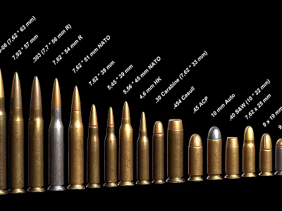 Various Caliber Weapon Bullets in Different Sizes and Ammunition Specifications 3d model