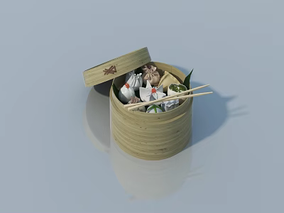 Bamboo Steamer With Open Lid Containing Dumplings And Chopsticks On Side 3d model