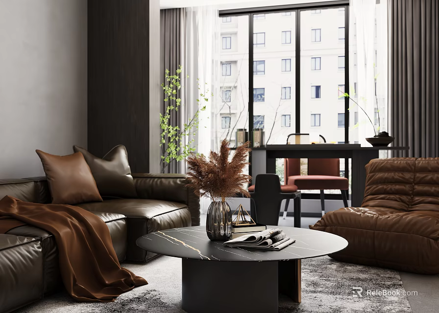 Modern Living Dining Room With Brown Leather Sofa Armchair Round Coffee Table City View 3d model 