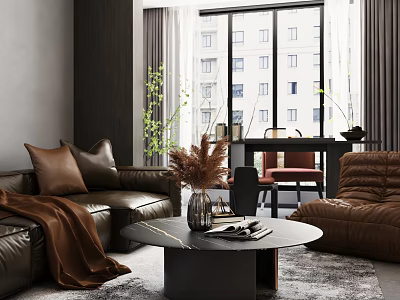 Modern Living Dining Room With Brown Leather Sofa Armchair Round Coffee Table City View 3d model
