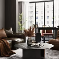 Modern Living Dining Room With Brown Leather Sofa Armchair Round Coffee Table City View