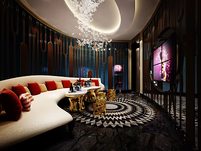 Luxurious KTV Room Interior With White Sofa Red Cushions Golden Coffee Tables And Crystal Chandelier 3d model