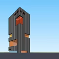 Modern High Rise Office Building With Unique Dark Facade And Colorful Glass Windows