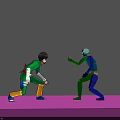 Game Movie Characters in Green Outfit Black Hair Confronting Vibrant Colored Character in Battle Stance