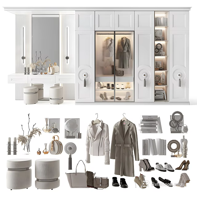 Modern Wardrobe Interior Design With Glass Doors Hanging Clothes And Shoes Storage 3d model 