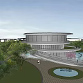 Modern Circular Architectural Complex With Green Lawns Water Ponds And Walkways