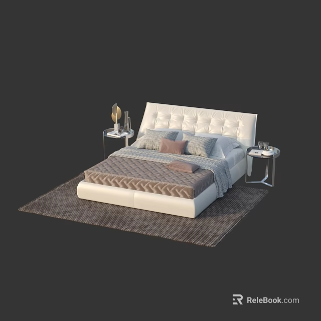 Modern Double Bed With White Tufted Headboard Gray Pink Pillows Silver Nightstands And Dark Gray Rug 3d model 
