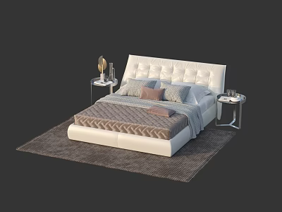Modern Double Bed With White Tufted Headboard Gray Pink Pillows Silver Nightstands And Dark Gray Rug 3d model