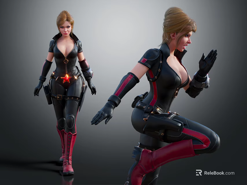 Game Movie Female Characters In Black Red Tight Battle Suits With Weapon And Action Poses 3d model 