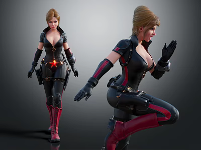Game Movie Female Characters In Black Red Tight Battle Suits With Weapon And Action Poses 3d model