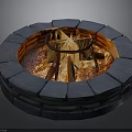 Circular Stone Fire Pit With Burning Wood Logs And Metal Fire Ring