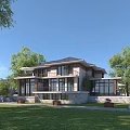 Modern Detached Villa By Waterfront With Stone Exterior Large Windows Lush Trees And Scenic View