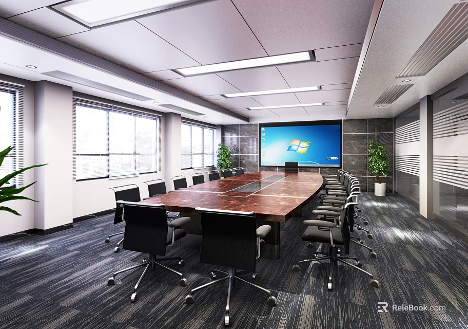 Spacious Bright Modern Conference Room With Wooden Meeting Table Comfortable Office Chairs And Large 3d model 