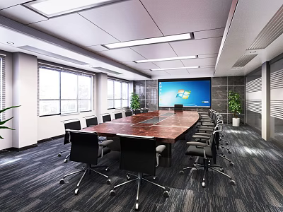 Spacious Bright Modern Conference Room With Wooden Meeting Table Comfortable Office Chairs And Large 3d model