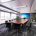 Spacious Bright Modern Conference Room With Wooden Meeting Table Comfortable Office Chairs And Large