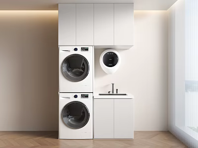 Modern Laundry Room Setup With Stacked Washer Dryer White Cabinets And Built In Sink 3d model