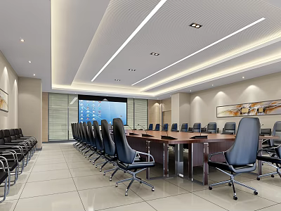 Modern Conference Room Interior Design With Long Wooden Table Black Chairs And Projection Screen 3d model