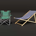Green and Blue White Striped Foldable Lounge Chairs with Metal and Wooden Frames
