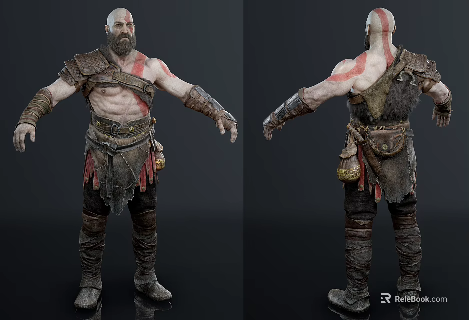 Muscular Fantasy Warrior Character With Tribal Tattoos Leather Armor Front Back Views 3d model 