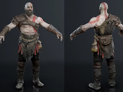 Muscular Fantasy Warrior Character With Tribal Tattoos Leather Armor Front Back Views 3d model