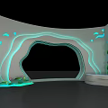 Modern Curved White Display Structure With Blue Lighting And Green Plants Design