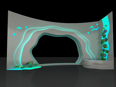 Modern Curved White Display Structure With Blue Lighting And Green Plants Design 3d model