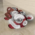 Brown and White Fluffy Lion Dance Dolls with Red Decorations and Reflections on Wooden Surface