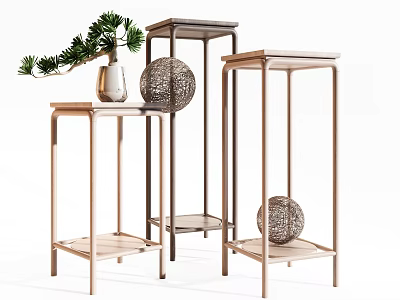 Modern Plant Stands with Light and Dark Wood Frames Green Plant and Spherical Decor 3d model