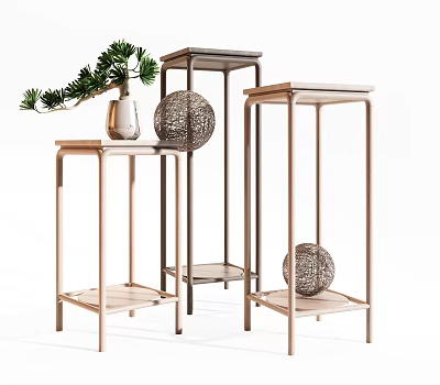 Modern Plant Stands with Light and Dark Wood Frames Green Plant and Spherical Decor 3d model