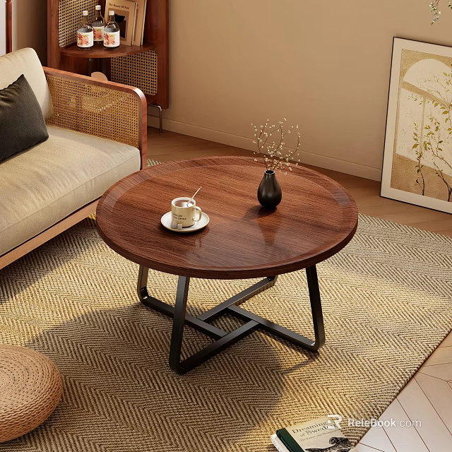 Round Wooden Coffee Table With Black Metal Frame And Decorative Items In Cozy Living Room 3d model 