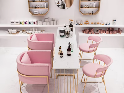 Modern Beauty Salon Interior With Pink Chairs White Table And Beauty Products 3d model