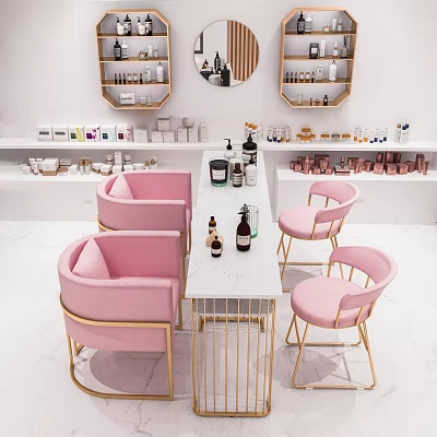 Modern Beauty Salon Interior With Pink Chairs White Table And Beauty Products 3d model