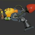 Futuristic Mechanical Weapon With Yellow Casing Red Glowing Tip Green Hose And Metal Stand
