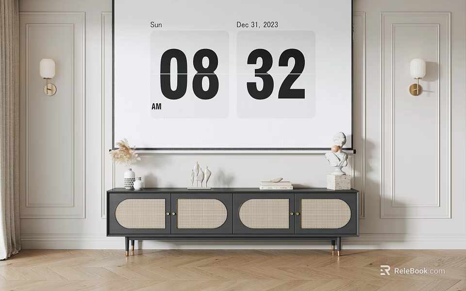 Modern TV Stand With Wicker Doors Gold Legs And Decorative Items 3d model 