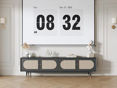 Modern TV Stand With Wicker Doors Gold Legs And Decorative Items 3d model
