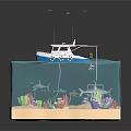 Cartoon Ocean Scene Transparent Cube with Above Water Boat Buoy and Underwater Shark Corals Diver Fish