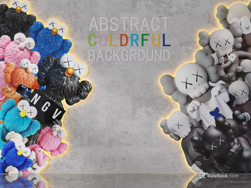 Abstract Colorful Background Wall with Stuffed Toys and Kaws Inspired Figures 3d model 