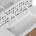 Modern Bathroom Vanity with Round Mirror Black White Grid Tile Backsplash and Wooden Cabinet