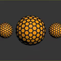 Three Spheres With Orange Dots Black Grid Larger Center Smaller Sides Gray Background And Reflection 3d model