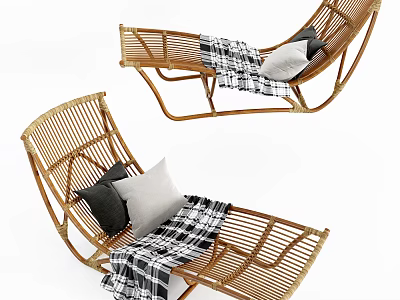 Stylish Rattan Lounge Chair With Black White Plaid Blanket And Gray Pillows 3d model