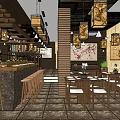 Elegant Restaurant Interior With Wooden Decor Pendant Lights Dining Tables And Green Plants