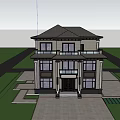 Chinese Style Two Story Detached Villa With Symmetrical Design Front Door And Courtyard Greenery