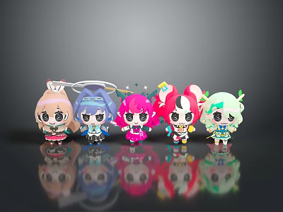 Vibrant Chibi Cartoon Game Movie Characters With Different Hairstyles Accessories On Black Background With Reflections 3d model