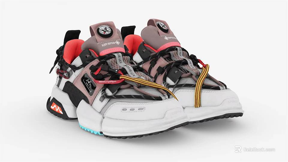 Modern Stylish Sneakers Featuring Gray Red White Color Yellow Laces And Blue Sole Details 3d model 
