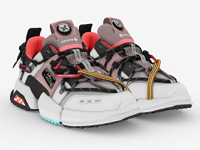 Modern Stylish Sneakers Featuring Gray Red White Color Yellow Laces And Blue Sole Details 3d model